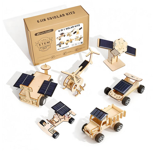6-in-1 Solar Powered Wooden STEM building kit — build 6 solar-powered models, hands-on renewable energy science and engineering project for kids
