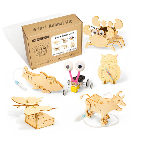 6-in-1 DIY Wooden Animal STEM kit — build 6 moving mechanical animal models, hands-on engineering and construction project for kids ages 8-12